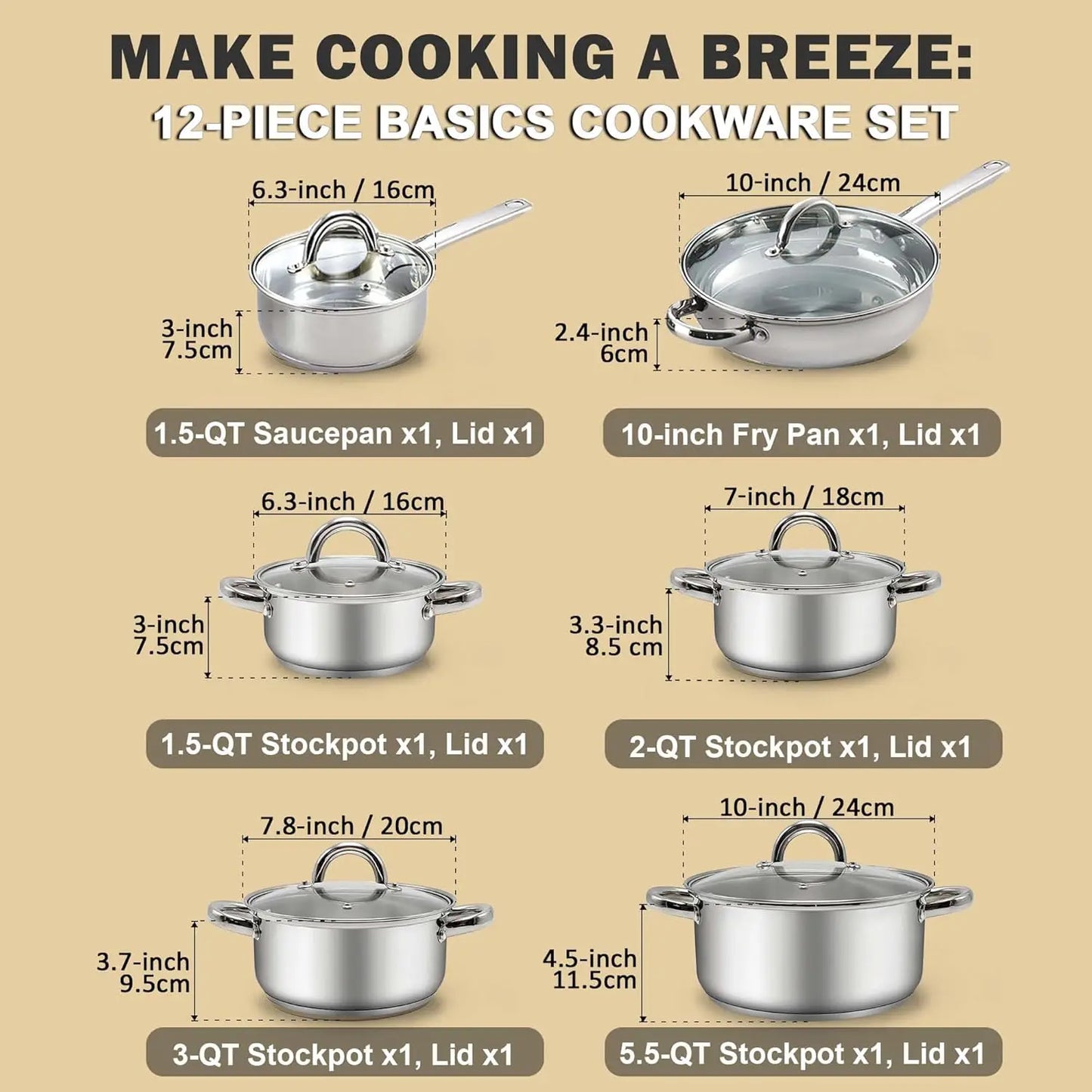 Cook N Home Kitchen Cookware Sets, 12-Piece Basic Stainless Steel Pots and Pans, Silver - My Trendova