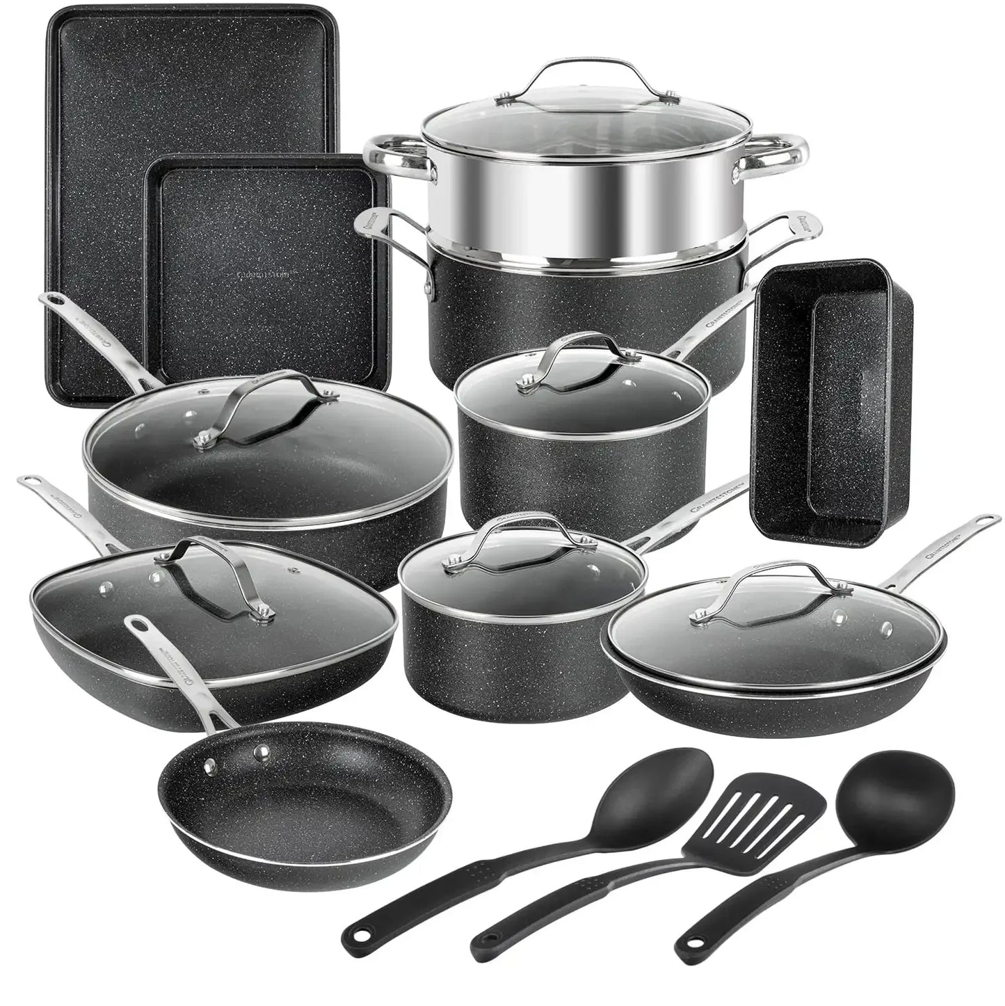 Pots and Pans Set 20 Piece Complete Cookware Bakeware Set Nonstick Dishwasher Oven Safe Black - My Trendova