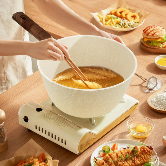 Non-stick Saucepan with Lid, Color Beige Stock Pot with Wooden Handle,Easy to Clean, Small Soup Cooking Pots Kitchen Cookware - My Trendova