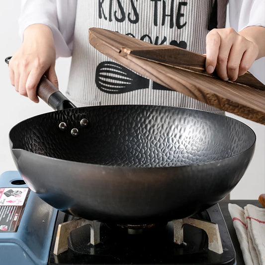 Konco Pure Iron wok cast iron pan Non-coated Pot General use for Gas and Induction Cooker 32cm Chinese Wok Cookware Pan - My Trendova