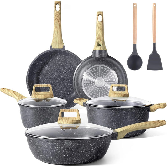 Pots and Pans Set Non Stick - 10 Pcs Grey Granite Kitchen Cookware Sets Nonstick Induction Cookware Cooking Pan Set with Frying - My Trendova