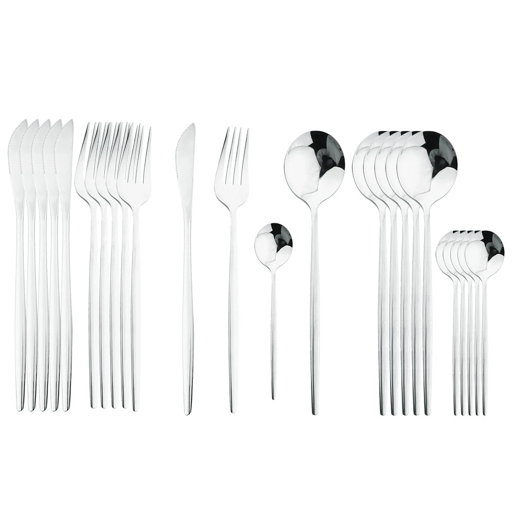 24Pcs Black Handle Golden Cutlery Set Stainless Steel Knife Fork Spoon Tableware