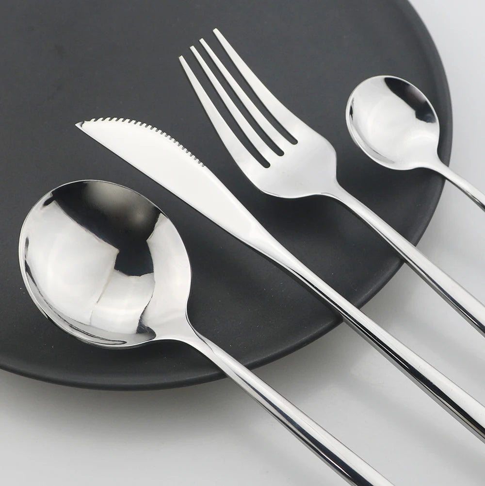 24Pcs Black Handle Golden Cutlery Set Stainless Steel Knife Fork Spoon Tableware
