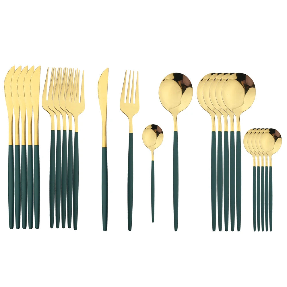 24Pcs Black Handle Golden Cutlery Set Stainless Steel Knife Fork Spoon Tableware