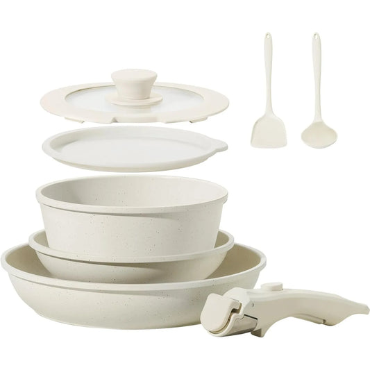 8pcs Ceramic Pots and Pans Set, Non Stick Cookware Set, Detachable Handle Cookware, Induction Kitchen Cooking Set. - My Trendova
