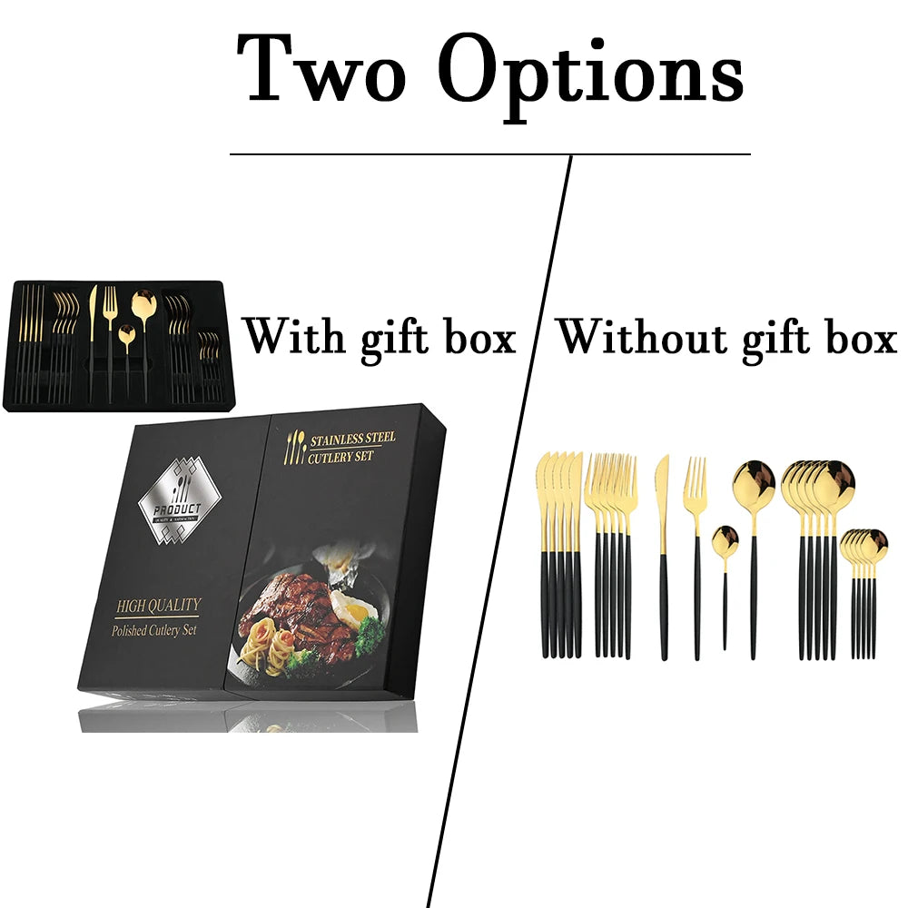 24Pcs Black Handle Golden Cutlery Set Stainless Steel Knife Fork Spoon Tableware