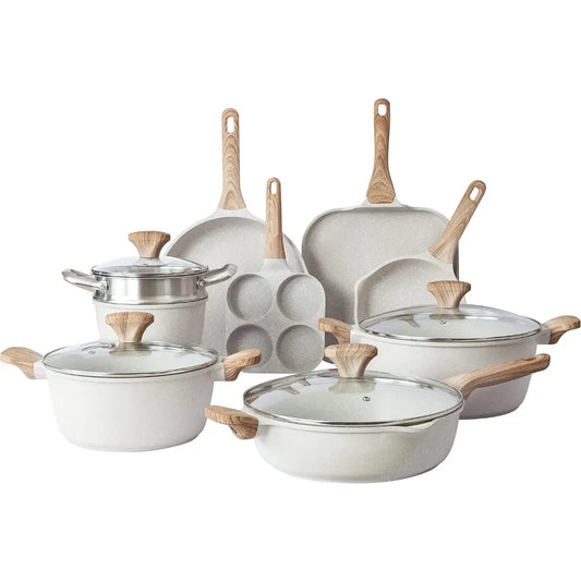 Induction Cookware Sets - 6/8/11/13/15 Piece Nonstick Cast Aluminum Pots and Pans with BAKELITE Handles, Glass Lids -Cream - My Trendova