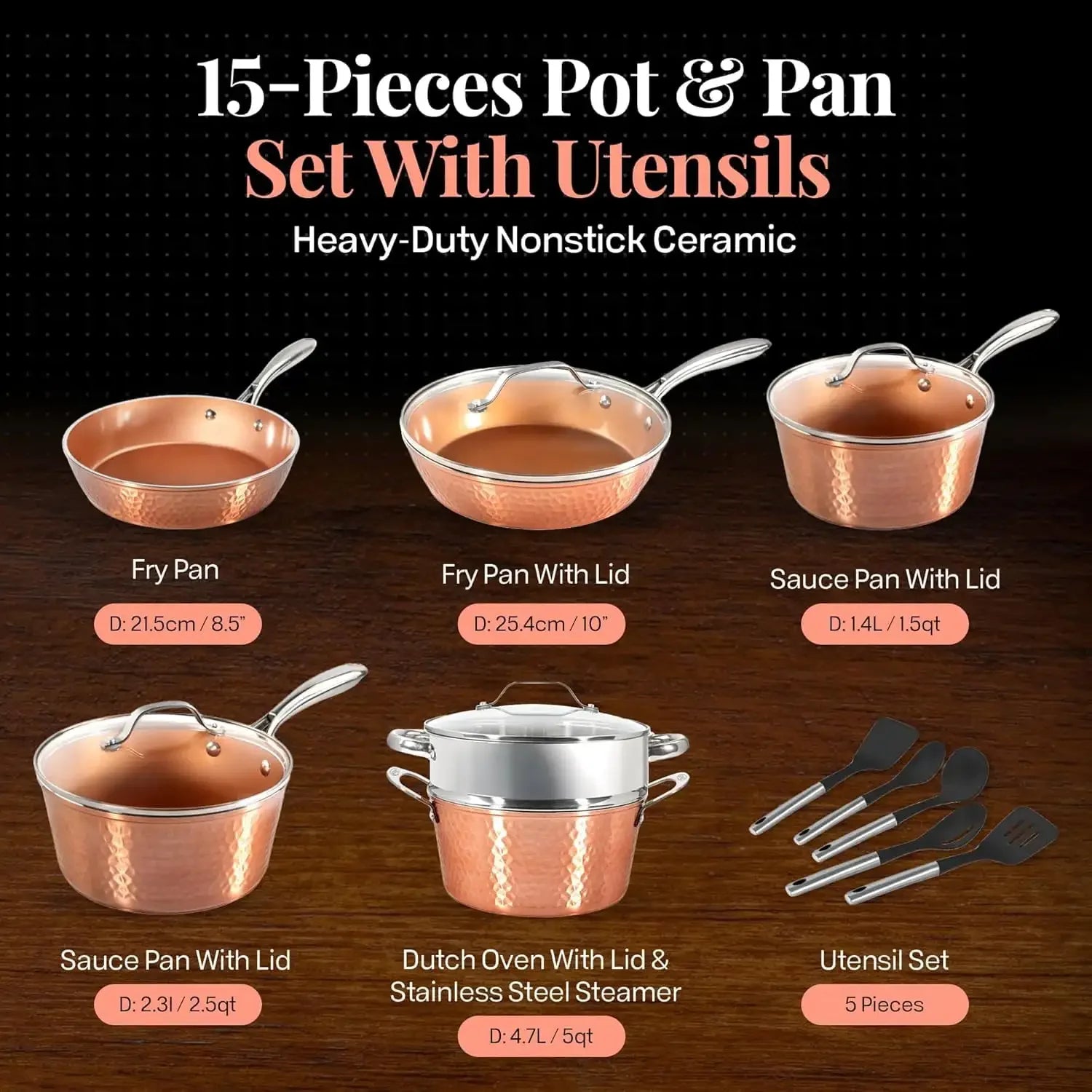 Nonstick Pots and Pans 15 Piece Set Ceramic Cookware Kitchen Set Hammered With Frying Skillet Saucepan - My Trendova