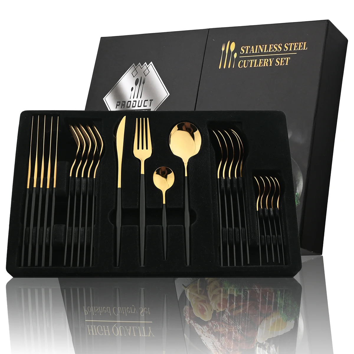 24Pcs Black Handle Golden Cutlery Set Stainless Steel Knife Fork Spoon Tableware