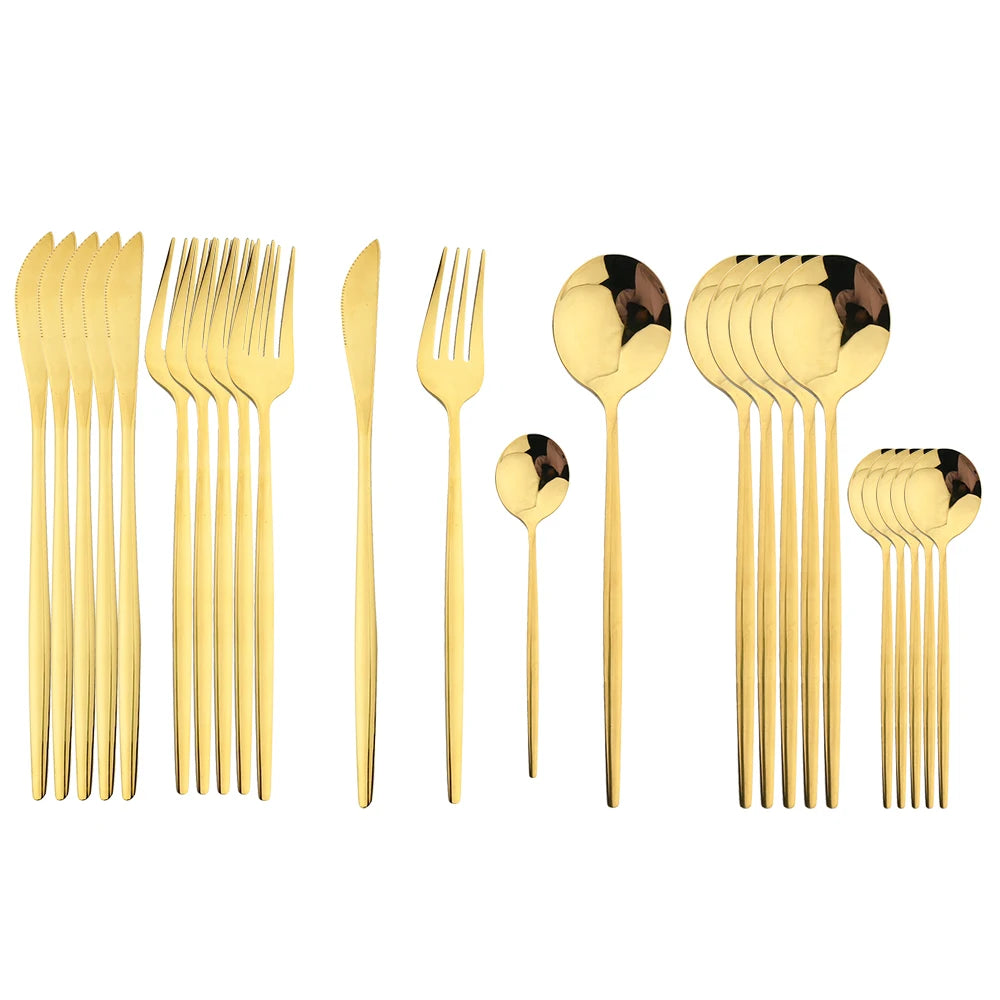 24Pcs Black Handle Golden Cutlery Set Stainless Steel Knife Fork Spoon Tableware