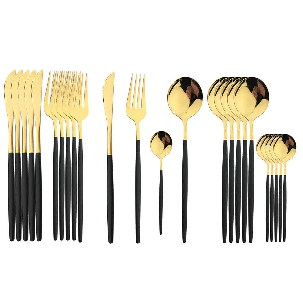 24Pcs Black Handle Golden Cutlery Set Stainless Steel Knife Fork Spoon Tableware