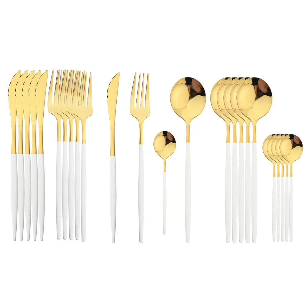 24Pcs Black Handle Golden Cutlery Set Stainless Steel Knife Fork Spoon Tableware