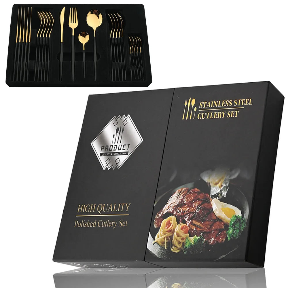 24Pcs Black Handle Golden Cutlery Set Stainless Steel Knife Fork Spoon Tableware