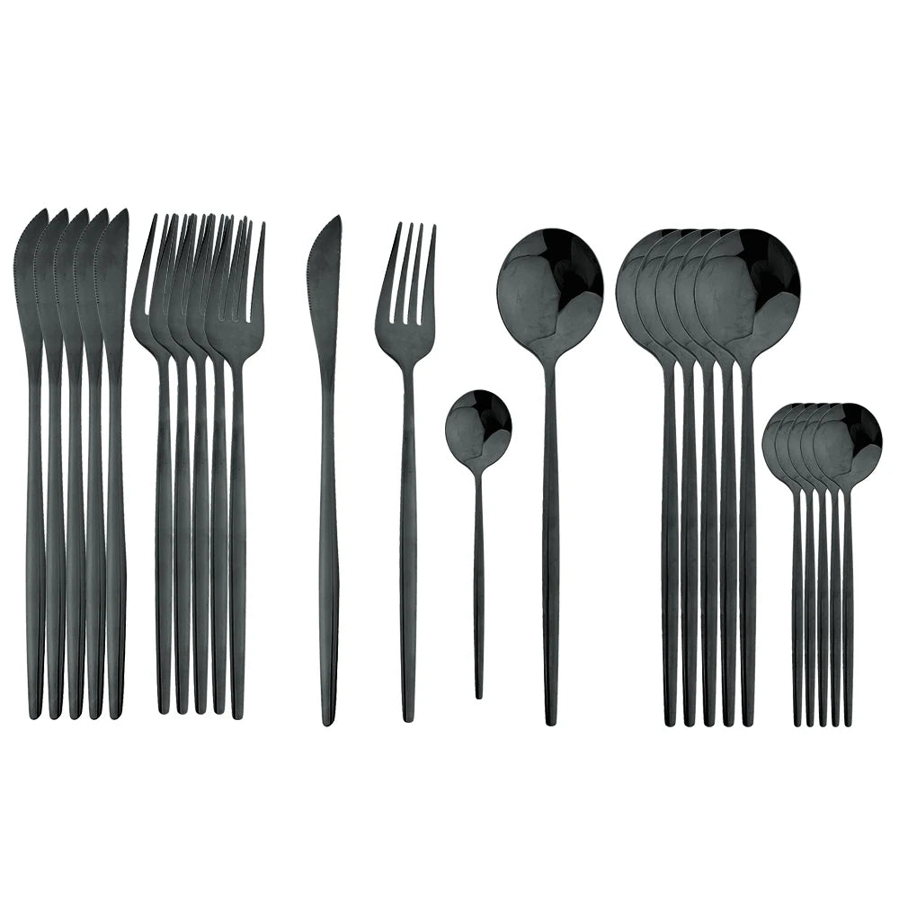 24Pcs Black Handle Golden Cutlery Set Stainless Steel Knife Fork Spoon Tableware