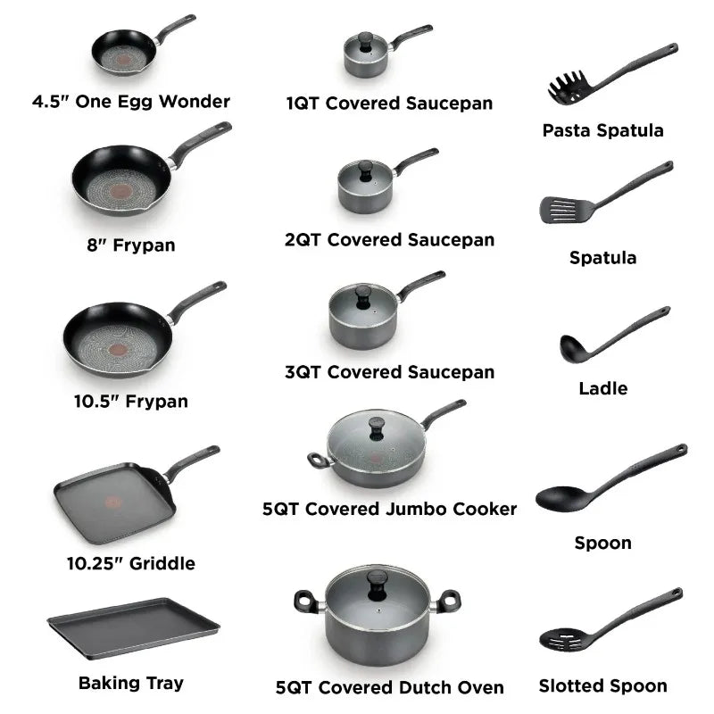 T-fal Easy Care, 20 Piece Non-Stick Pots and Pans Cookware Set, Grey - My Trendova