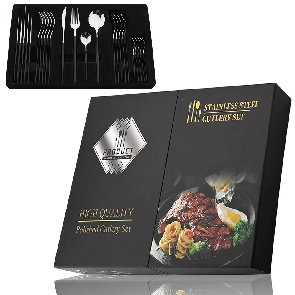 24Pcs Black Handle Golden Cutlery Set Stainless Steel Knife Fork Spoon Tableware