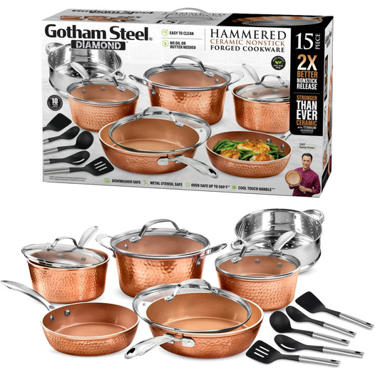 Nonstick Pots and Pans 15 Piece Set Ceramic Cookware Kitchen Set Hammered With Frying Skillet Saucepan - My Trendova