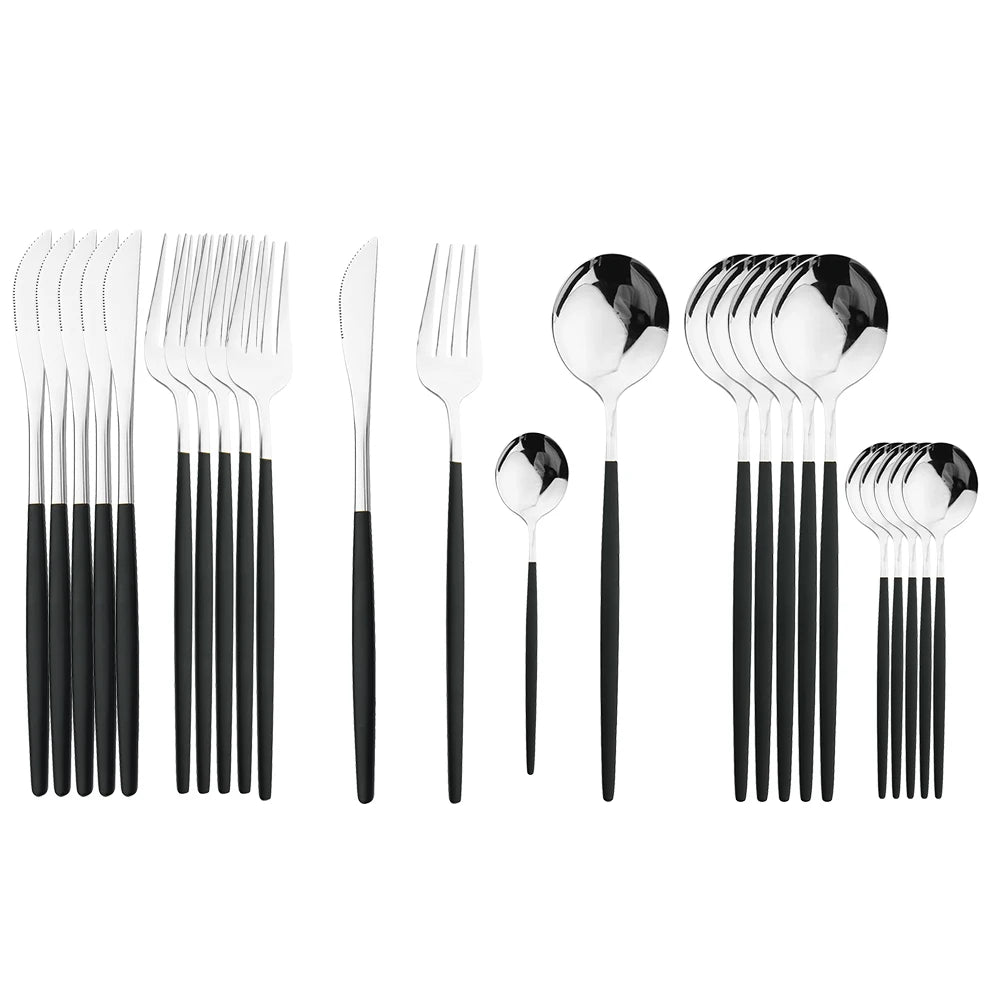 24Pcs Black Handle Golden Cutlery Set Stainless Steel Knife Fork Spoon Tableware